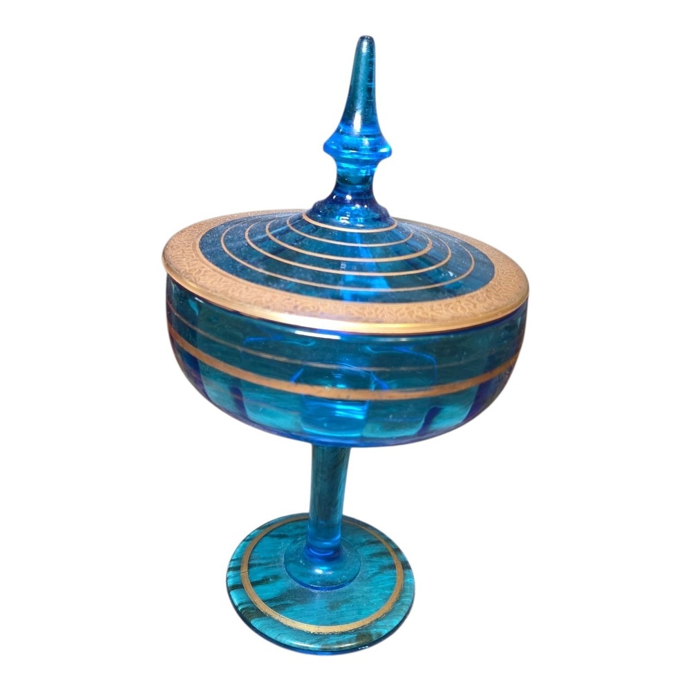 Vintage Blue Art Glass Covered Candy Trinket Dish Pedestal Bowl with Gold Enamel